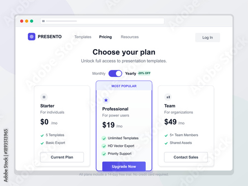 The screen displays a pricing page where users can choose plans for access to presentation templates. It highlights options for individual and team use with pricing details.