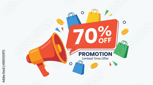 70% Off Promotion with Shopping Bags and Megaphone Visuals in a Graphic Design Environment