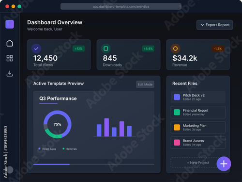 Screen shows a dashboard overview for user engagement. It includes metrics like total views, downloads, and revenue. Data is visually represented for easy analysis.