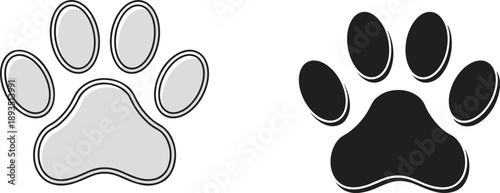 Pet paw print vector icons in black and white, animal footprint silhouette design for pet care branding, logo creation, stickers and apparel graphics