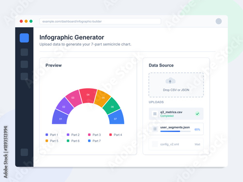 A preview of an infographic generator tool designed to upload data and create a seven-part semicircle chart. Users can upload CSV or JSON files for customization.