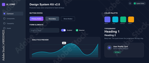 This vector illustration shows a design system kit featuring button types, form elements, color palette, and typography styles for software development.