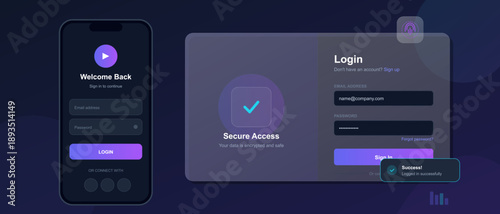 A user interacts with a login interface on a mobile device and desktop. The design features a welcome message, secure access notification, and fields for email and password.
