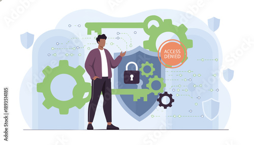 Man standing confidently with shield and gears symbolizing security and technology advancements in a modern digital landscape