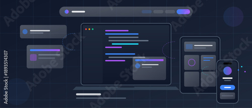 Digital devices display coding interfaces and development tools. The dark theme contrasts with bright elements, emphasizing modern technology and creativity in programming.