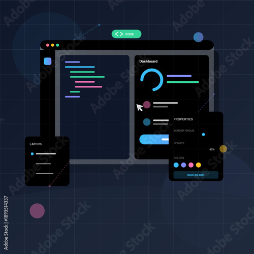 Dashboard interface features coding elements, layout tools, and color properties. The design highlights various coding aspects for developers working in a virtual environment.