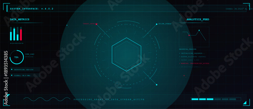 Digital display shows a data interface with metrics and analytics feeds. Graphical elements include bar graphs, hexagonal shapes, and processing indicators.