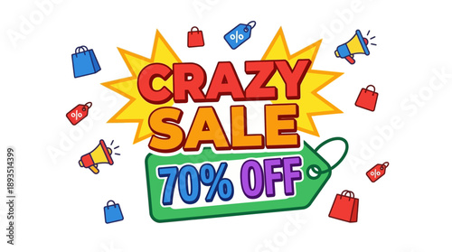 Crazy Sale Announcement with 70% Off on Products, Online Shopping, Graphic Design, Colorful Environment, Engaging Viewpoint