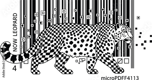 Snow leopard barcode illustration with geometric patterns, wildlife conservation concept art, endangered big cat design, modern black white vector composition