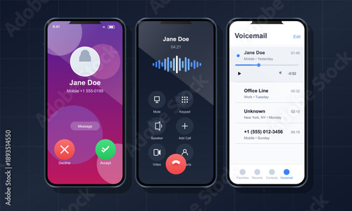 Smartphone interface features a call screen with contact information, voicemail options, and a clean design. Useful for communication and technology illustrations in various projects.