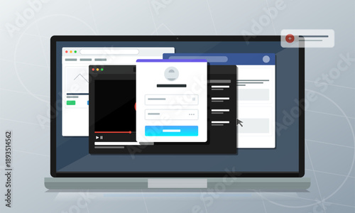 A laptop shows various application windows open, including a login form, video player, and content pages. The setup represents a busy digital workspace focused on user interaction.