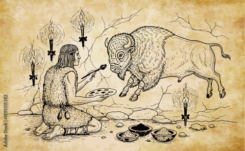 Ancient caveman artist painting a bison on a rock wall by the light of primitive torches, depicting prehistoric art creation.