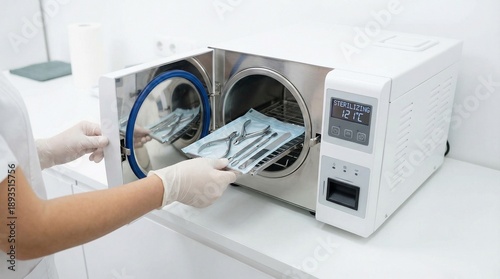 Person placing sterilized dental instruments into autoclave machine  