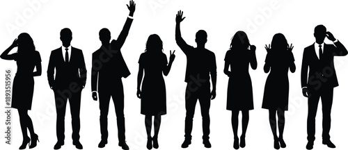 Silhouettes of business people in expressive poses and attire, abstract professional gesture illustration, communication, diversity, minimalist concept