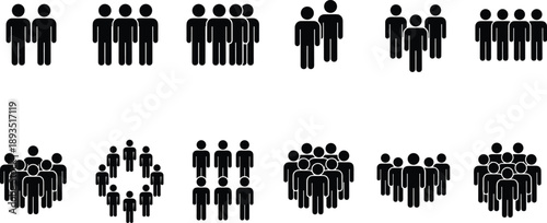 Silhouettes of grouped people in various arrangements, abstract crowd icons, minimalist formation illustration, social gathering, population concept, diversity