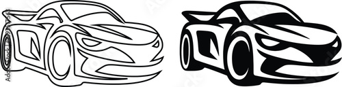 Modern Supercar Vector Illustration - Abstract Sports Car Line Art and Solid Silhouette Icon Set