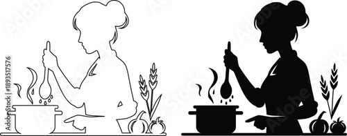 Side View Silhouette of a Woman Cooking Healthy Food in the Kitchen with Fresh Vegetables