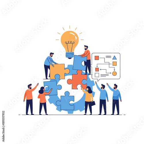 Teamwork and innovation: people assembling puzzle pieces around a lightbulb and flowchart