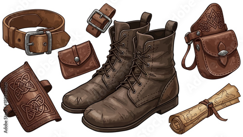 A collection of leather boots and accessories, including belt, pouches, and a wallet, arranged on a white surface from a top-down viewpoint