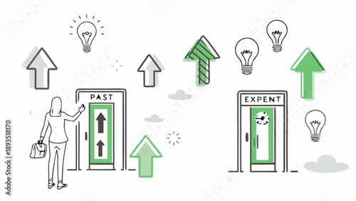 Businesswoman choosing between past and expert doors with green and grey arrows and lightbulbs