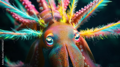 Giant squid displaying vibrant fluorescent feathers on its tentacles in a deep ocean habitat