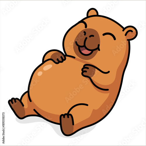 Happy cartoon capybara lying on the back stroking a full belly after a meal. Funny illustration of a satisfied rodent for rest, satiety and laziness concepts isolated on white background.