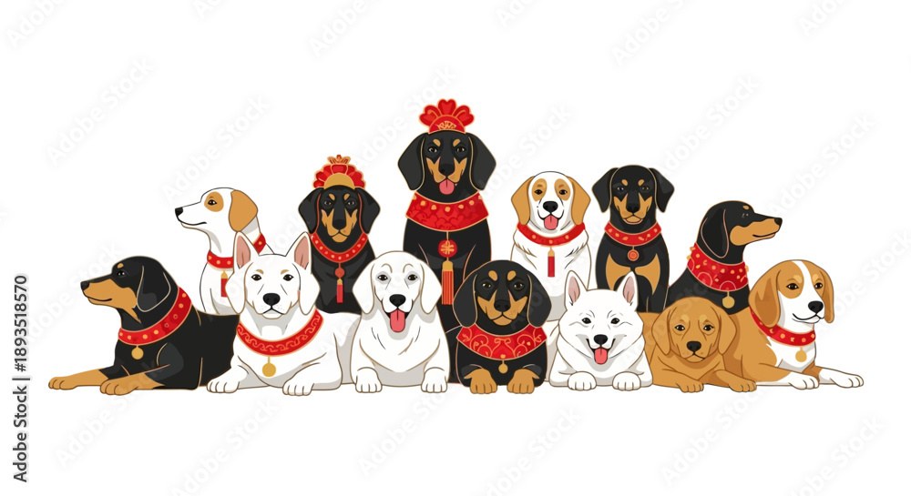 Fototapeta premium Chinese Zodiac Dog Illustration for Lunar New Year Celebration, Group of Cute Dogs with Traditional Red Collars and Ornaments, Vector Style