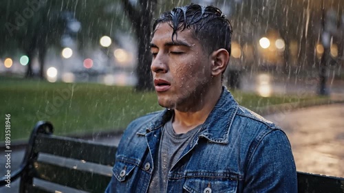 Cinematic slow motion scene of a melancholic man experiencing solitude and deep sorrow while standing alone on a rain soaked urban street at night capturing emotional solace and reflection