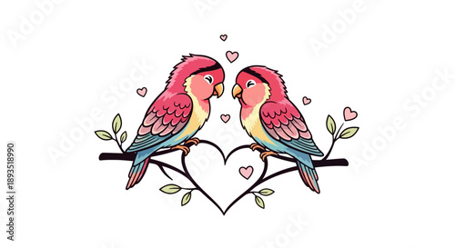 couple parrots on branch heart love.