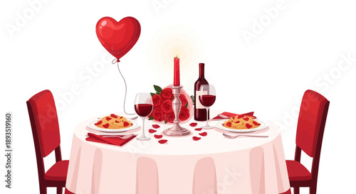 Romantic dinner setup for two with heart balloon.