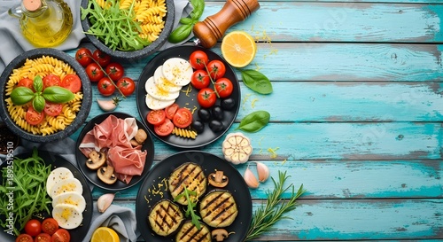 Delicious Italian food spread with pasta, mozzarella, and vegetables on rustic wooden table