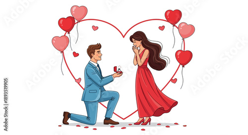 Man proposing to woman with ring and hearts.