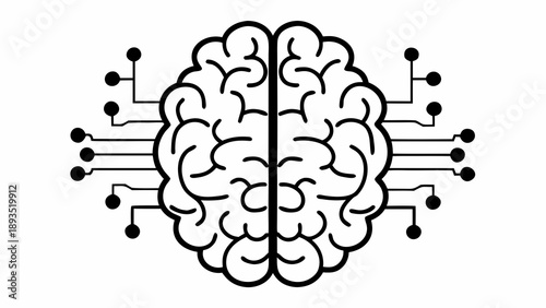 Illustration of a human brain with circuit lines and nodes, symbolizing artificial intelligence and technological advancement from a frontal viewpoint