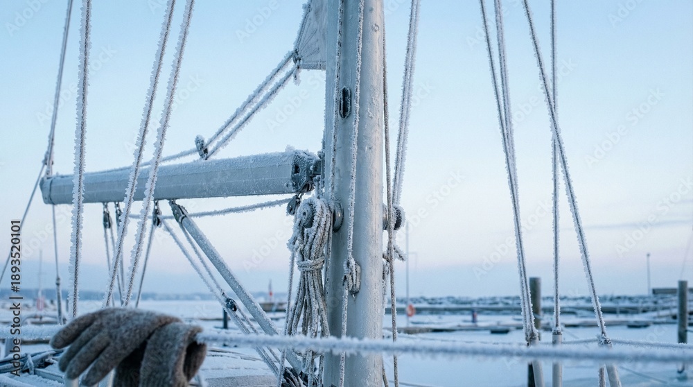 Obraz premium Sailboat mast covered in frost against winter marina background 