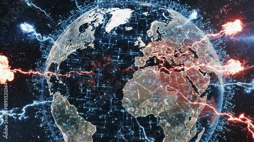 Cinematic digital illustration depicting global cyber warfare implication with interconnected data stream across world map network communication security threat concept background