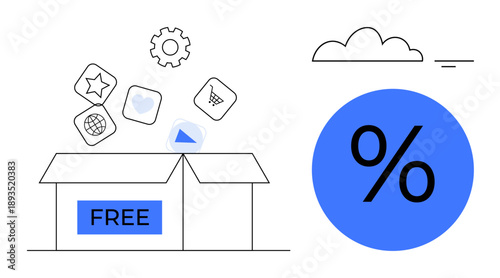Free resources concept. Free tools and digital resources promoted with symbolic icons and percentage discount highlights. Free access concept for ecommerce, business, technology solutions, marketing