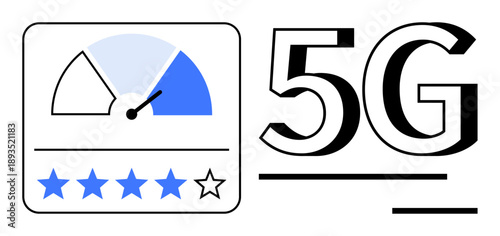 Network efficiency, wireless communication, internet speed, technology impact, 5G connectivity, data performance. Speed meter with blue indicator and star rating beside bold 5G text. Network