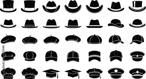 Black, hat, silhouette, set, headwear, fashion, caps, cowboy, fedora, beret, helmet, uniform, style, accessory, vintage, modern, vector, illustration, collection, design