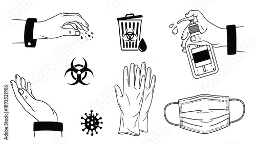Infection Control and PPE Symbols Set Line Art for Safety Signage, Clinical Protocols and Compliance Training Materials