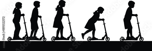 Children riding kick scooters silhouette illustration, active kids outdoor play, boys and girls scooting together, childhood movement isolated white background
