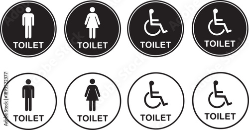 Restroom signs set with male, female, and disabled icons, black white