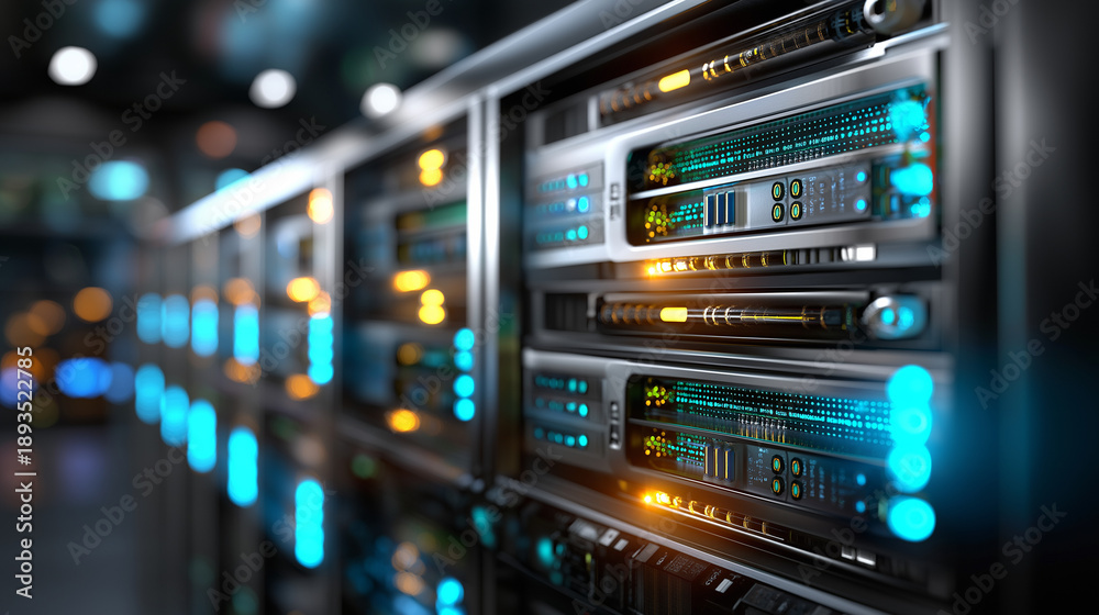Fototapeta premium Quantum server network with quantum computer machine, server room infrastructure, advanced computing facility, technological datacenter, defocused server racks, with copy space