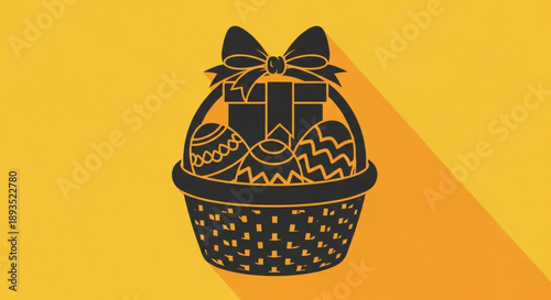 Gift basket filled with decorative eggs and a present on a vibrant background