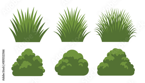 Stylized green vegetation featuring grass and bushes in a clean and minimal vector layout