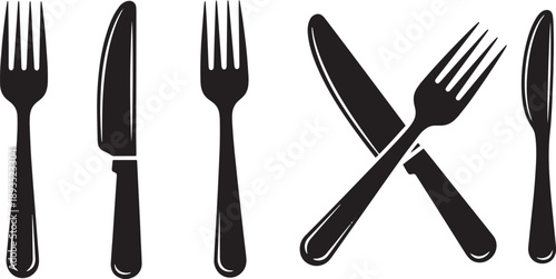 Knife and fork set and crossed cutlery for dining and food icons