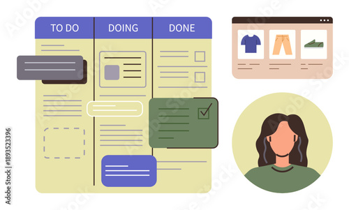Project management, online productivity, e-commerce planning, remote work, team collaboration, software interfaces. Kanban board with task sections, shopping webpage and a user avatar. Project