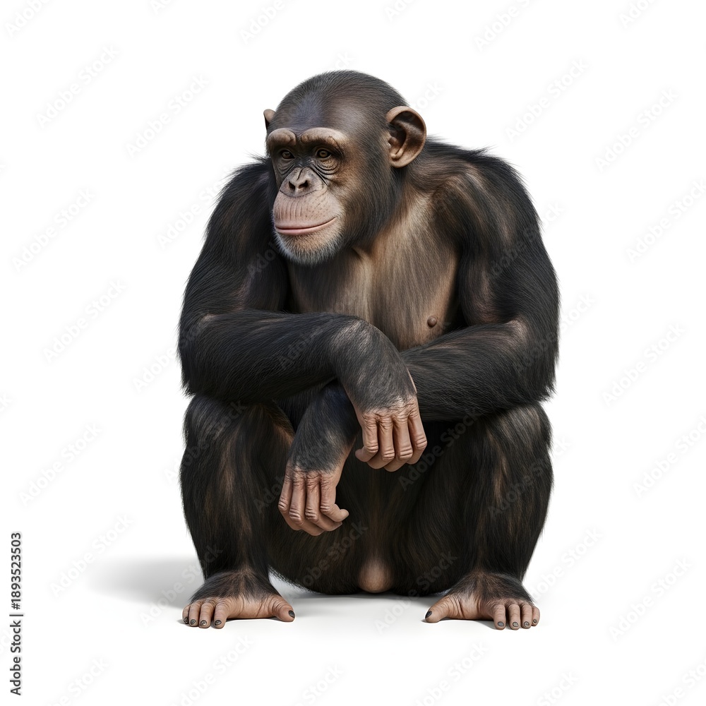 Naklejka premium Chimpanzee Sitting in Thoughtful Pose on White Background
