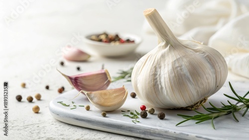 Fresh Garlic Bulbs and Cloves with Spices on White Marble Cutting Board Background