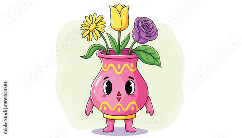 Cartoon vase character with flowers and expressive face in whimsical vector illustration