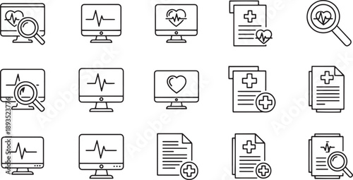 Medical computer screen with heart monitor and magnifying glass